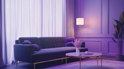 Purple living room interior, modern couch, soft lighting, window view