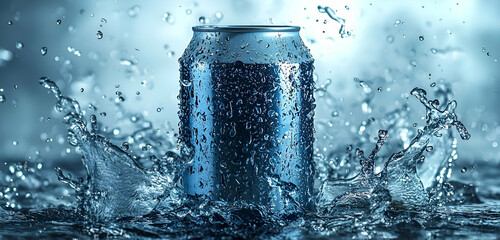 A soda can product mockup with a dynamic water splash around it, creating an energetic and refreshing visual effect.