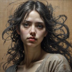 Captivating portrait of a young woman with wavy hair surrounded by flowing strands in a dreamlike atmosphere. Generative AI