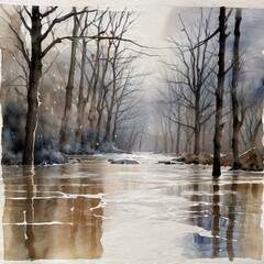 Silvery reflections of winter's stillness along a tranquil stream surrounded by bare trees. Generative AI