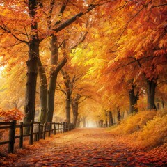 Golden autumn pathway winds through vibrant trees and fallen leaves in a serene forest landscape. Generative AI
