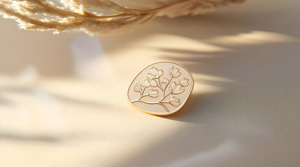 A soft enamel pin mockup featuring a delicate design, displayed on a light-colored surface with subtle lighting.