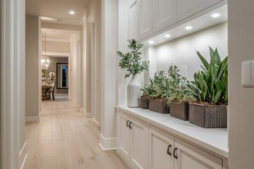 Long hallway with modern kitchen cabinets and greenery
