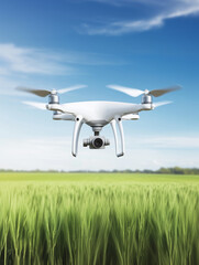 Drone hovering over lush green wheat field under blue sky, symbolizing modern agriculture, aerial surveillance, and smart farming technology