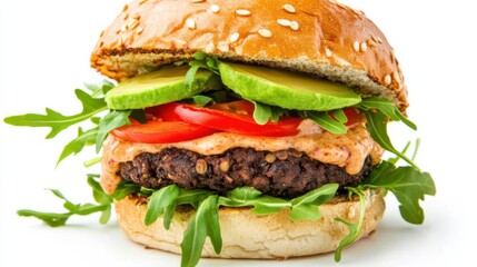 A gourmet veggie burger with a black bean patty, avocado slices, roasted red pepper