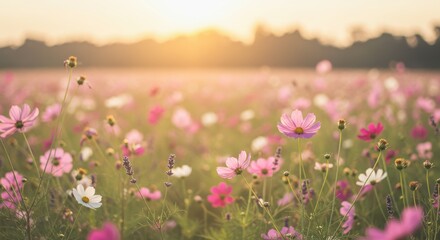 Obraz premium Pink Cosmos Flowers Field at Sunset with Golden Light
