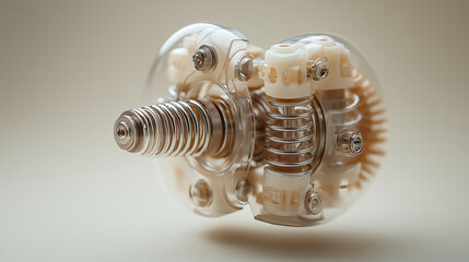 Transparent mechanical gear mechanism with springs and white components floating in space, representing innovation engineering