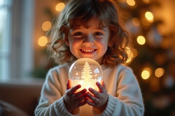 Fototapeta premium On the eve of the holiday, the child holds a Christmas balloon in his hands, happily waiting (1)