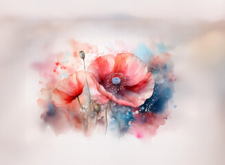 Two vibrant red poppies bloom against a soft, watercolor background.  Delicate details and subtle color splashes create a dreamy effect.