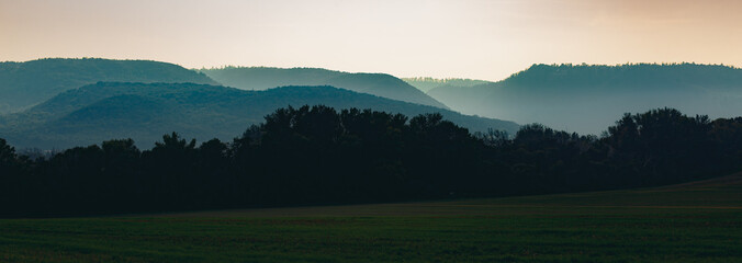 Panorama Waldgebiet Harz in Sachsen-Anhalt in Mitteldeutschland am Abend