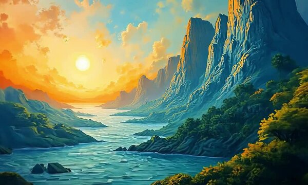 A breathtaking digital painting depicts a serene mountain river valley bathed in the warm glow of a vibrant sunrise.