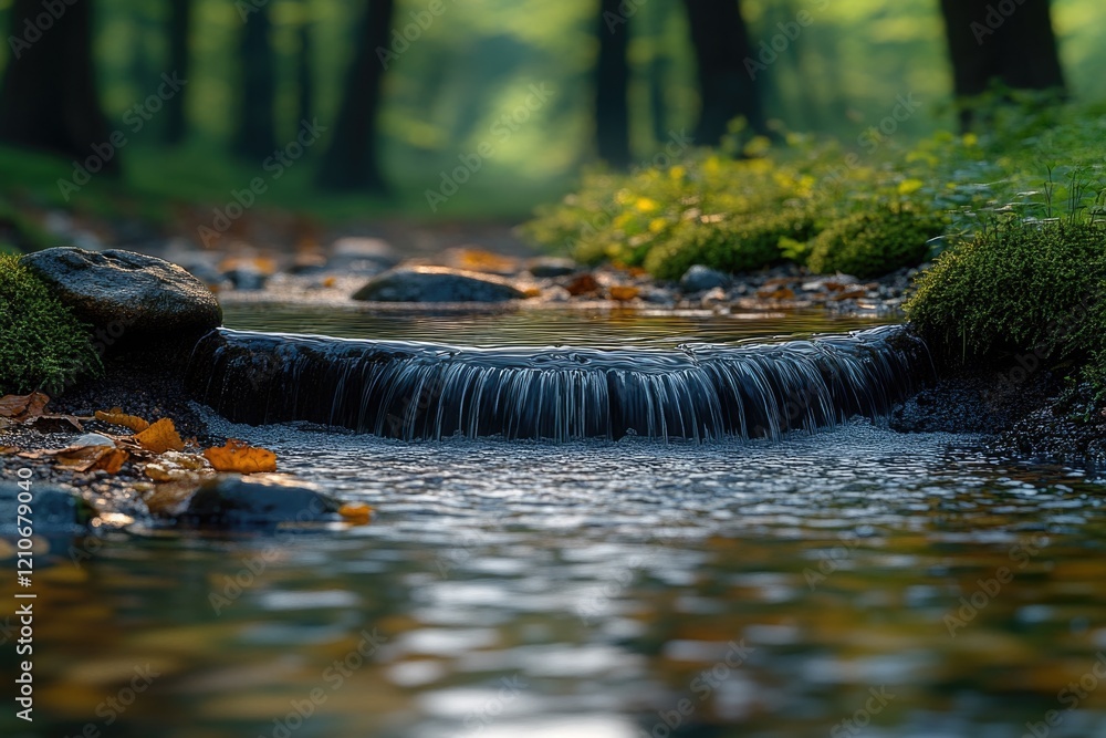 Poster a serene scene with a small stream flowing through a dense forest
