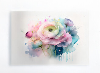 A watercolor painting of pastel ranunculus blossoms on a white background. Soft, dreamy colors and water-splatter effects create a delicate, romantic feel.