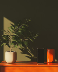 Photo d'un téléphone portable smartphone dans un bureau vintage coloré avec une esthétique modernisme milieu du siècle, montage et mockup pour publicité ou création graphique, e-commerce, application