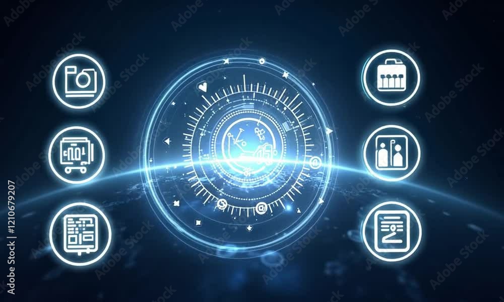 Poster futuristic interface with interconnected business applications overlaid on a globe.