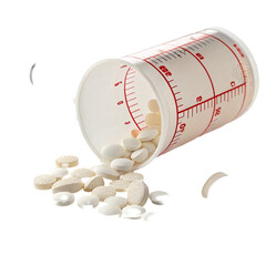 White medicines flow from container medicine white pill bottle isolated on a white background
