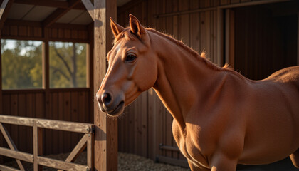 Fototapeta premium Graceful horse standing near wooden stable in warm evening light, minimalist style