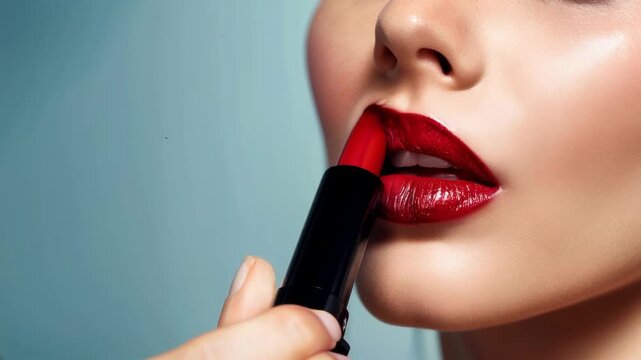 Woman applying red lipstick close-up