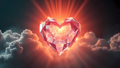 Fototapeta premium Radiant 3D Heart-Shaped Diamond, Glowing Light Burst and Clouds, Dark Background
