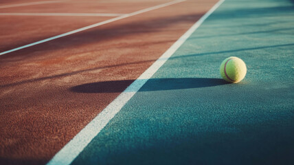 A tennis ball on a tennis court at sunset