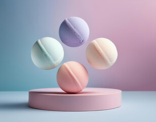 Colorful pastel bath bombs floating in a dreamy setting