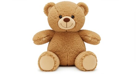 A plush teddy bear with a light brown fur on white background the teddy bear is sitting upright has a round head with two small black eyes and a brown nose