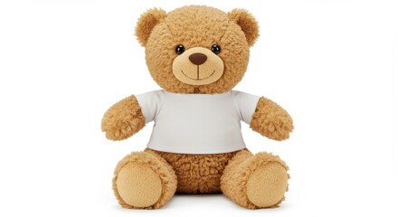 Obraz premium A plush teddy bear with a light brown fur on white background the teddy bear is sitting upright has a round head with two small black eyes and a brown nose wearing a white t-shirt