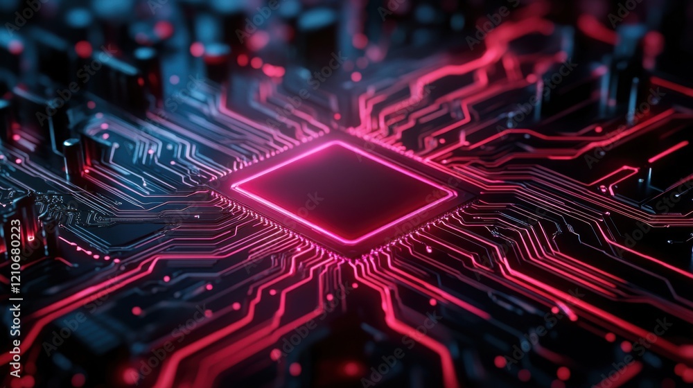 Poster abstract close-up of electronic circuit board with pink and blue glowing lines and central processin