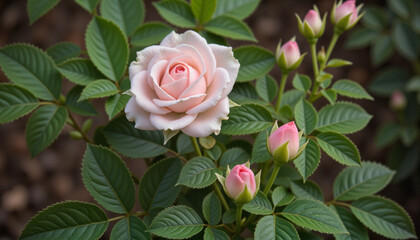Close-up of a blooming rose surrounded by unopened buds and lush green leaves, nature's beauty
