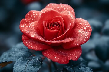 Single red rose covered in water droplets.