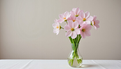 Fresh pink and white blossoms in a minimalist glass vase on a clean surface