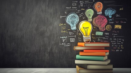 A glowing light bulb sits atop a stack of colorful books. Behind, a chalkboard features various doodles and notes, symbolizing ideas and creativity in learning.
