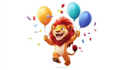 Cheerful Cartoon Lion Celebrating with Balloons and Confetti