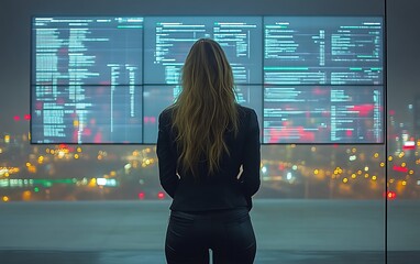 Woman programmer reviewing code on large screen.