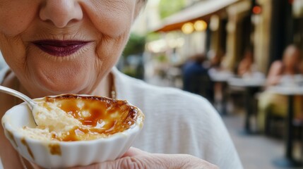 A woman is holding a spoon in a white bowl of dessert. The dessert is a custard tart, and the woman is smiling as she eats it. The scene takes place in a restaurant