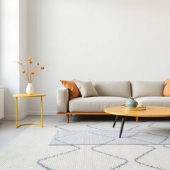 Modern living room interior, designer sofa, yellow side table, dried flower arrangement, plush pillows, textured carpet. 