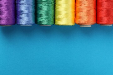Different spools of sewing threads on light blue background, flat lay. Space for text