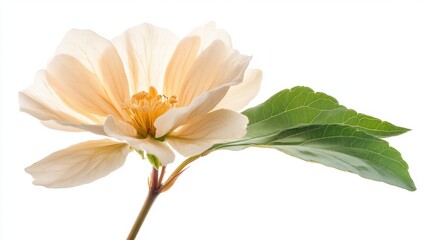 Obraz premium Soft Cream Flower with Green Leaf on White Background