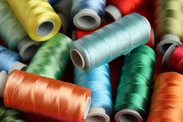 Different spools of sewing threads as background, closeup