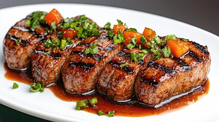 Grilled steak slices with sauce and garnish on a white plate
