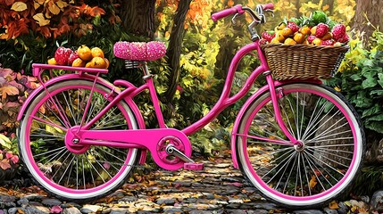 Pink bicycle carrying fruit in autumnal forest