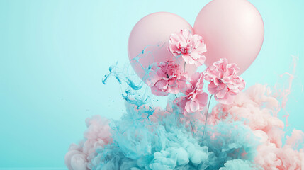 Pastel pink balloon with flowers on light blue background with ink clouds. Creative photo for advertising with space for text.