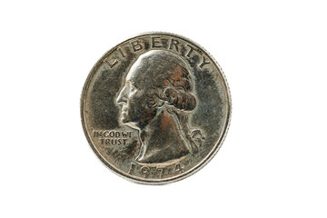 Close-up of a 1974 US quarter dollar coin, featuring George Washington's profile.