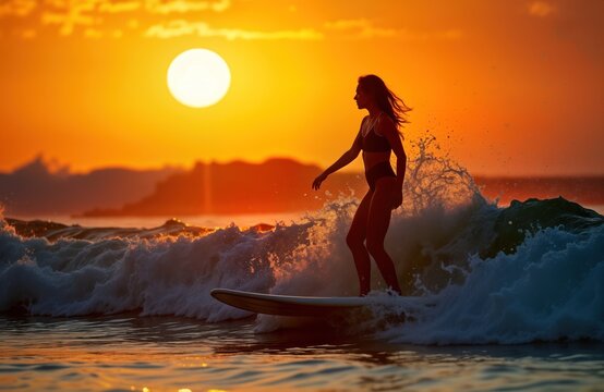 Silhouette of female surfer riding wave during vibrant sunset. Action shot shows woman on surfboard catching wave. Beautiful ocean scene with golden sunset sky. Water sport activity at beach resort.