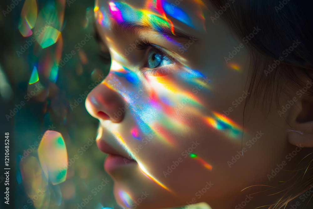 Poster close up profile of child's face illuminated by rainbow light refracting through prism, creating a m