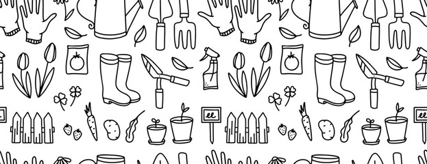 Hand drawn line spring gardening and equipment seamless pattern illustration. Small garden tools, pruning shears, watering can, gardening gloves, rubber boots, seeds