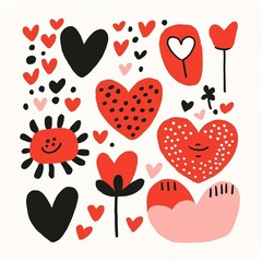 A colorful, playful pattern featuring hearts, flowers, and smiling faces in red, pink, black, and white, perfect for expressing love and joy.