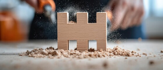 A wooden block with a saw blade cutting through it.