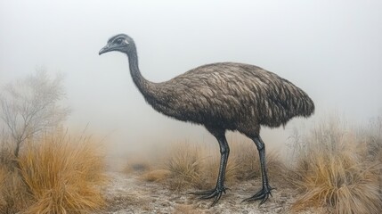 Giant flightless bird standing in foggy landscape with tall grass