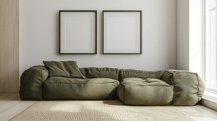 Modern Minimalist Living Room with Olive Green Couch and Blank Frames